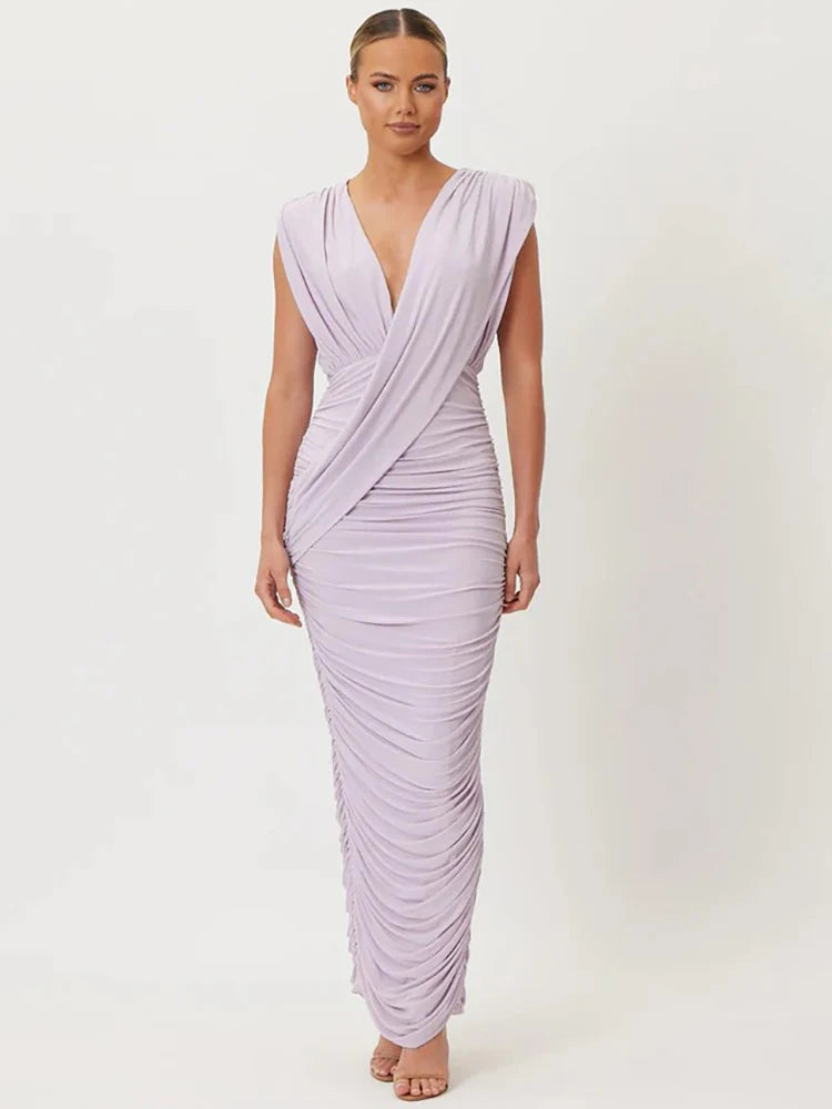 Deep V Neck Sleeveless Sexy Maxi Dress Women Elegant Draped Ruched Back Split Bodycon Club Party Long Dress Female