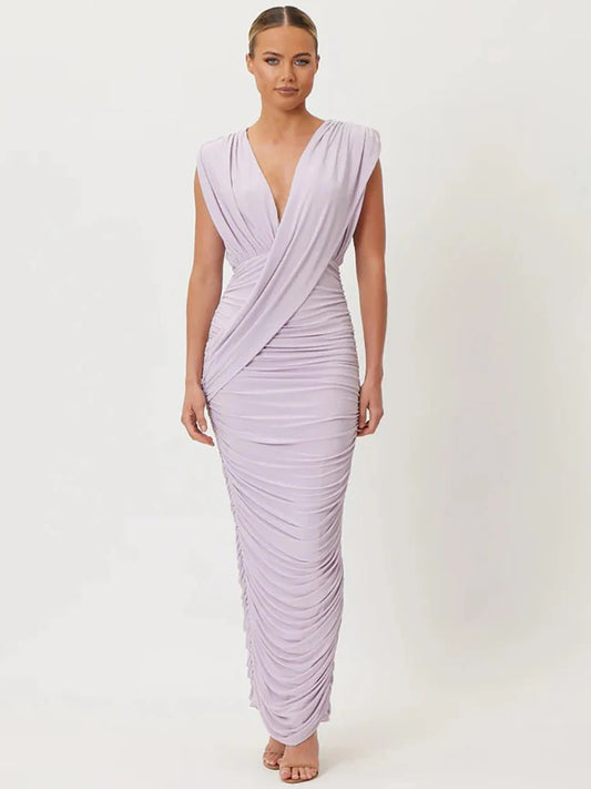 Deep V Neck Sleeveless Sexy Maxi Dress Women Elegant Draped Ruched Back Split Bodycon Club Party Long Dress Female
