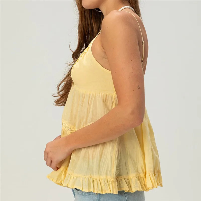 Sexy Sweet Babydoll Cami Top V Neck Lace Trim Spaghetti Strap Ruffle Hem Flowy Blouse Date Night Elegant Summer Outfits