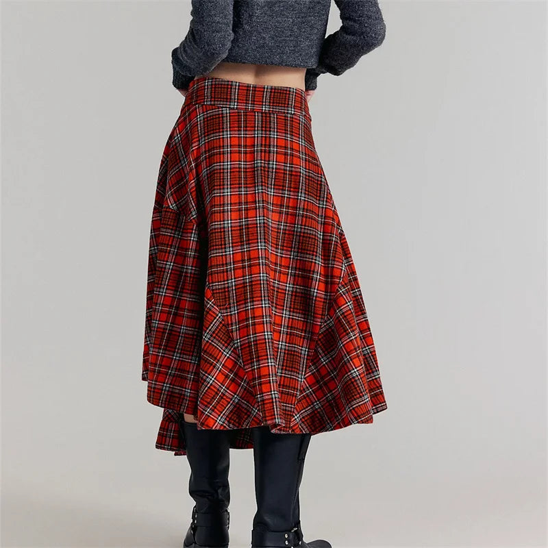 Vintage Asymmetrical Plaid Maxi Skirt for Women Gothic Pirate Elastic Waist A-Line Pleated Long Skirts Y2K Streetwear