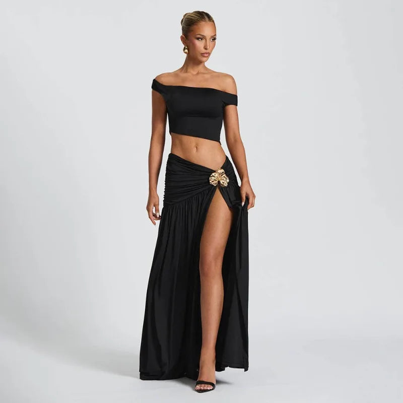 Two Piece Sets for Woman Off Shoulder Crop Top and Split Long Skirt Matching Set Green Beach Vacation Outfits