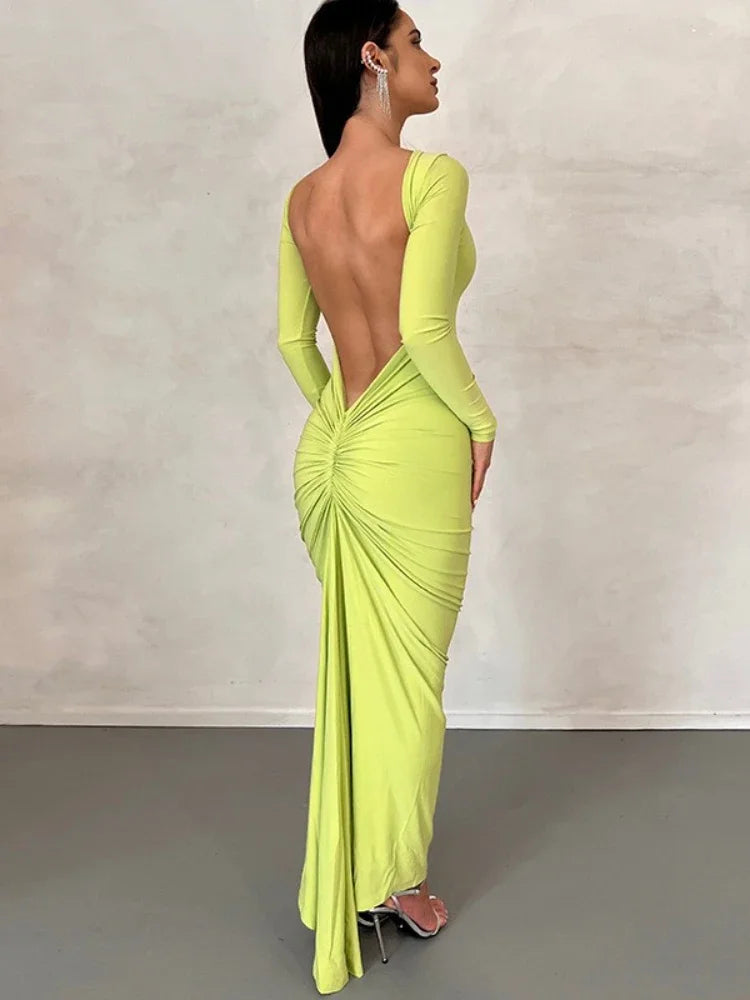 Pleated Open Back Long Sleeve Maxi Dress for Birthday Women Black White Elegant Evening Gown Party Dresses