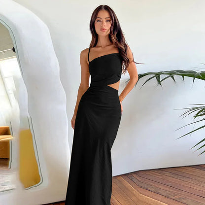 Women Vacation Outfit Club Party Long Skirt Summer Retro Vest Elegant Sexy Hollow Backless Pleated Long Dress