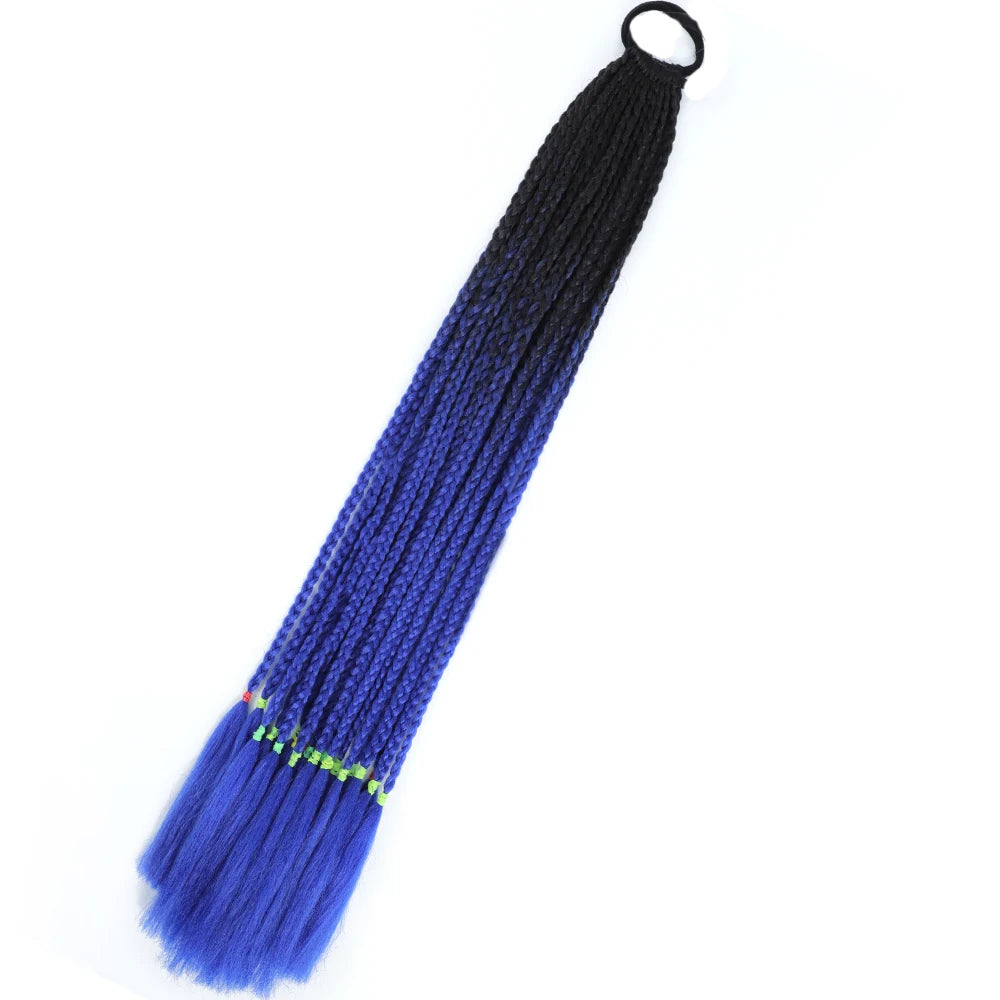 Synthetic 24inch Girls Colored Box Braided Ponytail With Elastic Rubber Band Hair Extensions Rainbow Color Box Pigtail Hairpiece