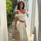 Women's Matching Sets Polka Dot Ruffle Off Shoulder Crop Top Maxi Skirt 2 Piece Set Summer Vacation Outfits