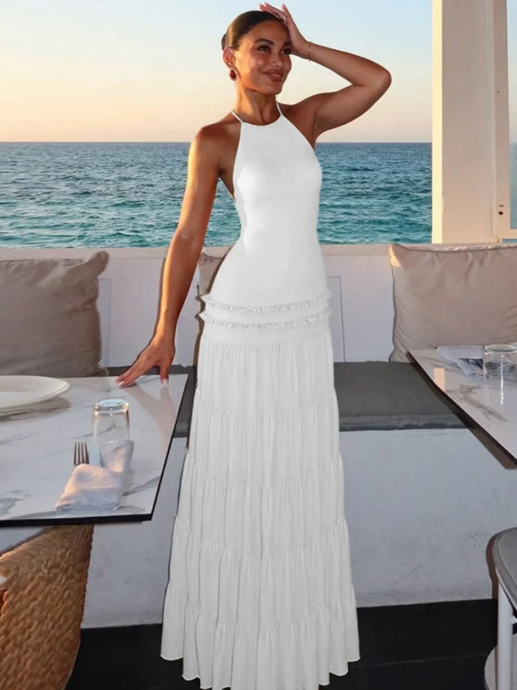 Halter Backless Frilly Maxi Dress Sexy Elegant Beach Party Fit and Flared Dresses Woman Vacation Outfits