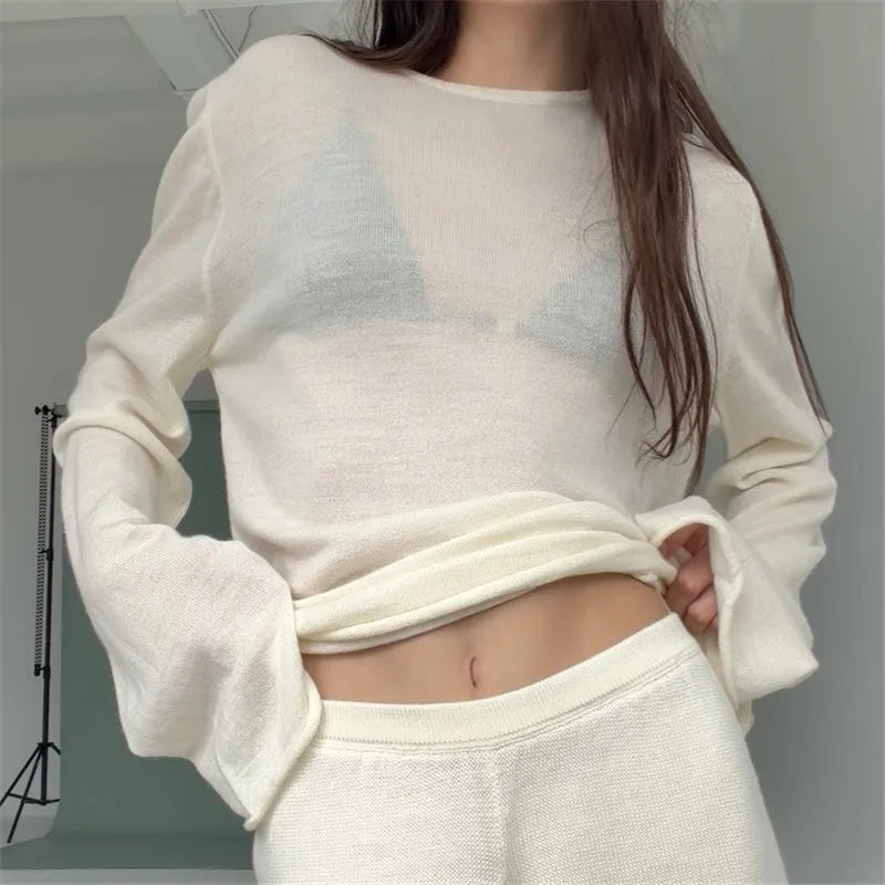 French Minimalist Sheer Knit Blouse Women Crew Neck Long Sleeve See Through Loose Winter Fall Basic Casual Knitwear Top