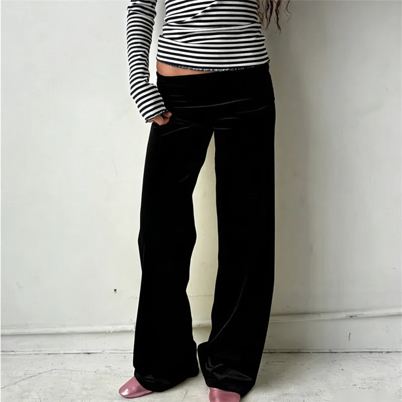 Women Wide Leg Pants Solid Fold Over Waist Casual Trousers Spring Fall Straight Leg Sweatpants Bottoms Y2K Streetwear