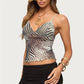 hirgin Y2K Vintage Zebra Stripe Sheer Mesh Crop Cami Women Deep V Wrap Front Scallop Hem Slim Fit Sleeveless Streetwear Tank Top