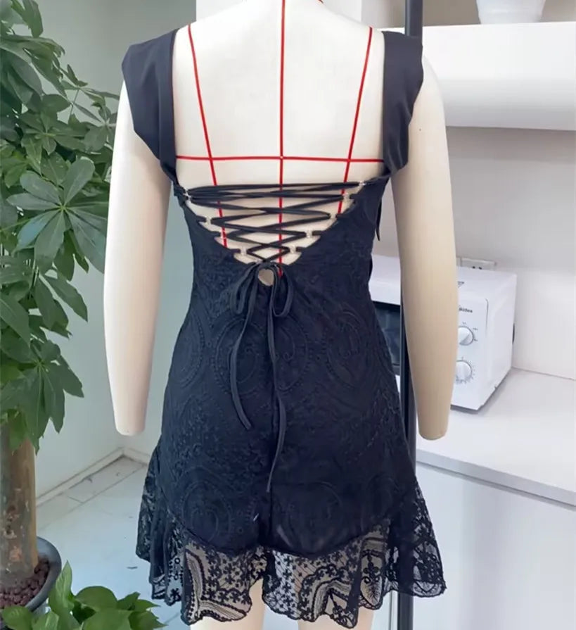 Lace Hollow Out Bandage Sexy Mini Dress For Women Robe Spaghetti Strap Backless Bodycon Sexy Party Club Print Dress