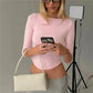 Womens Basic Solid Crop Top Boat Neck Three Quarter Sleeve Slim Fitted Curved Hem Y2K Casual Daily Streetwear Blouse
