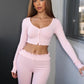 Ruched Sweet 2-Piece Set Women Low-Neck Single-Breasted Long Sleeve Crop Tops+Elastic Waist Pants Casual Sporty Suits