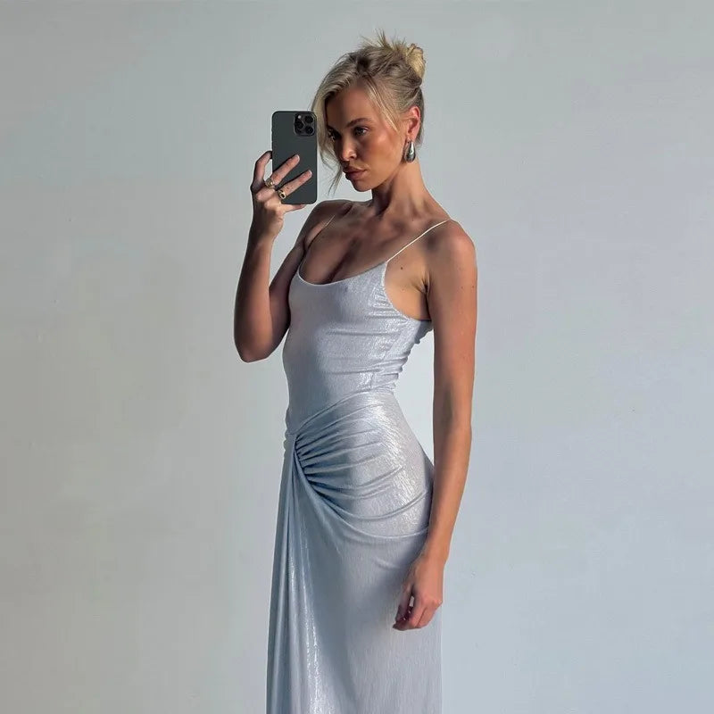 Silver Twisted Sleeveless Backless Maxi Dresses Women Elegant Sexy Evening Party Dress