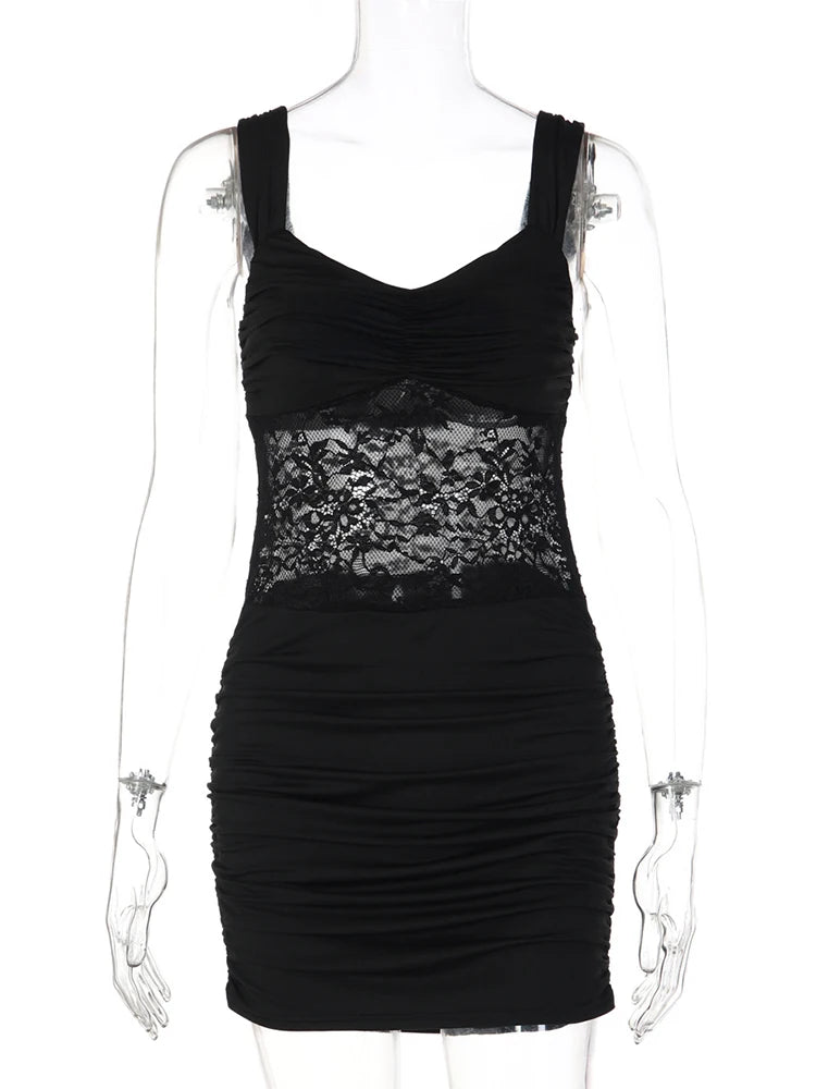 Elegant Lace Mini Dress Women Summer Fashion V Neck Sleeveless Backless Slinky Ruched Club Party Dress Female Clothes