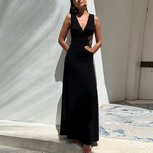 Side Cutout V Neck Sleeveless Long Dresses Black White Elegant Dresses Woman Luxury Party Gowns