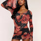 Mesh Patchwork Mini Dress Woman Floral Print Swing Collar Lace-Up Backless Full Sleeve High Street Elegant Bodycon