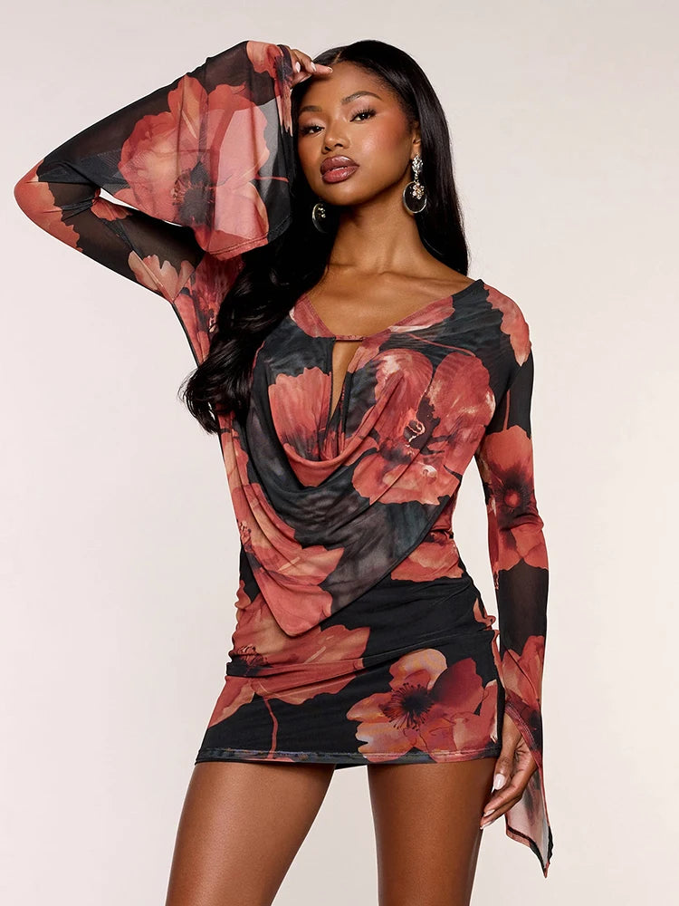 Mesh Patchwork Mini Dress Woman Floral Print Swing Collar Lace-Up Backless Full Sleeve High Street Elegant Bodycon