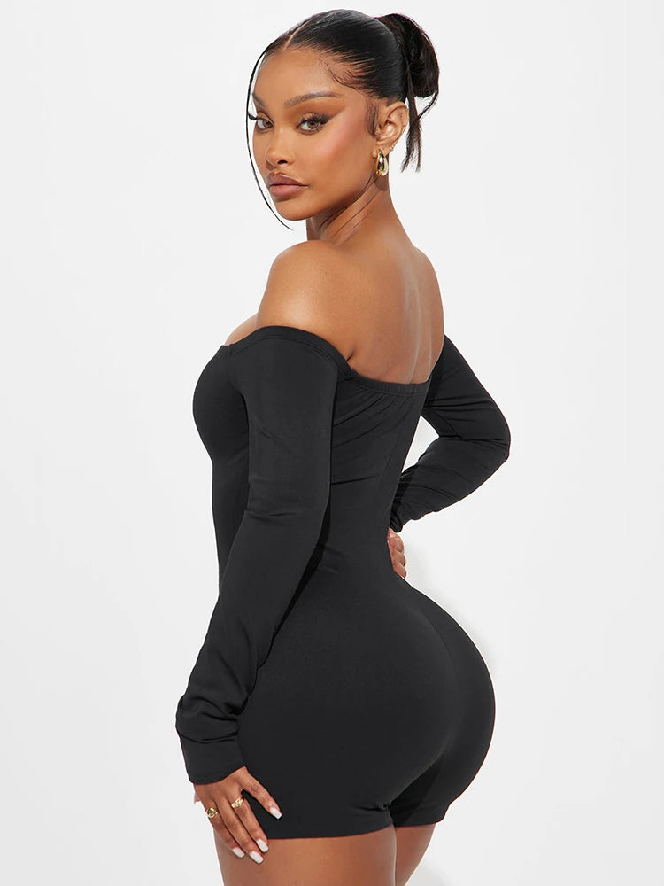 Sexy Hollow Knot Playsuits Women Fall Slash Neck Long Sleeve Stretch Coquette Midnight Party Clubwear Skinny Romper