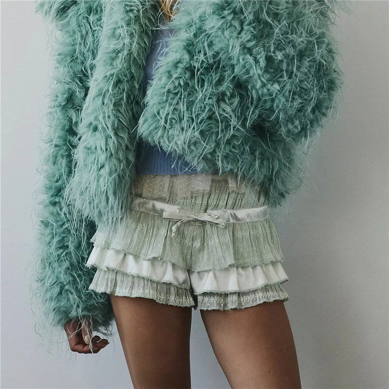 Womens Layered Frilly Ruffle Micro Lolita Bloomers Y2k Low Rise Satin Shorts Lace Fluffy Boxer Mini Boyshorts Panties