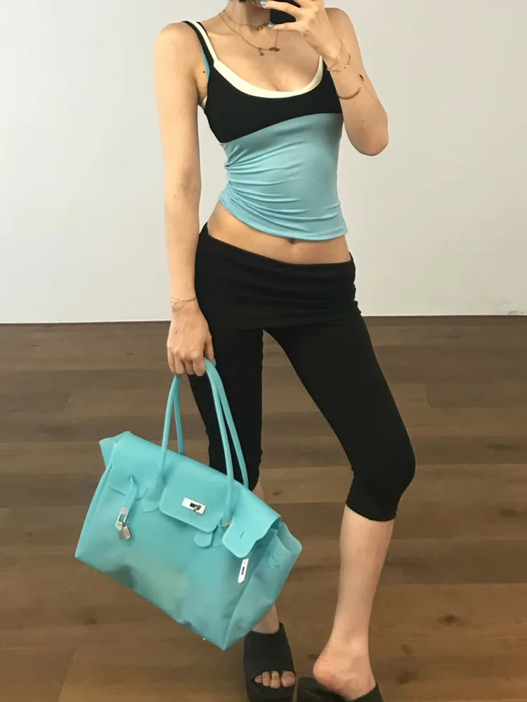 Simple Two Tops Women Mini Low-Neck Camisole+High Elasticity Solid Sexy Hottie Midnight Street Summer Classic Outfit