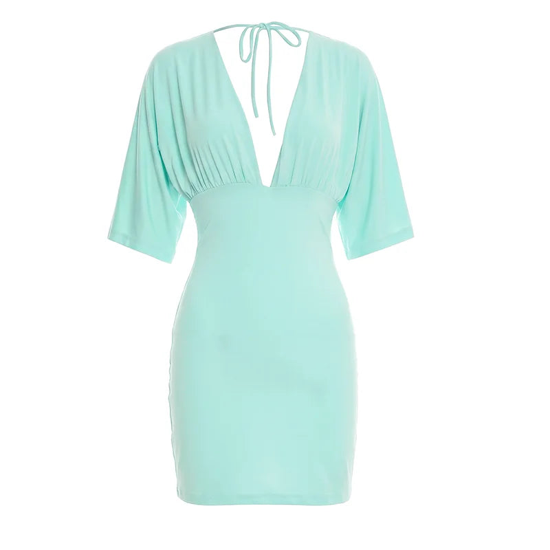 Casual Fashion Mini Dress Woman V-Neck Lace-Up Backless Shape Waist Skinny Peach Hip Basic Solid Simple Style Bodycon