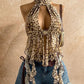 Sexy Print Backless Tank Top Women Hottie Halter Bandages Metal Buckle Hollow Irregular Hem Fashion Vacation Vest