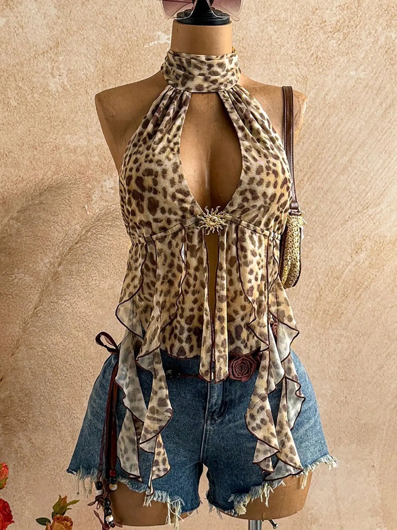 Sexy Print Backless Tank Top Women Hottie Halter Bandages Metal Buckle Hollow Irregular Hem Fashion Vacation Vest