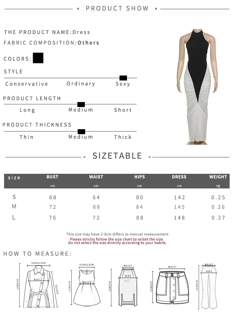 Ruched Maxi Dress Women Sexy Color Blocking Halter Backless Thin Slit Summer Trend Birthday Party Clubwear Vestidos