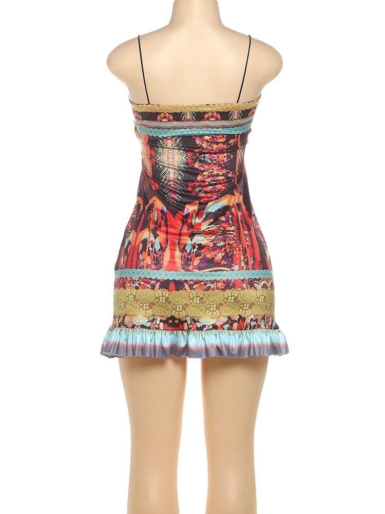 Sexy Slip Dress Women Lace Patchwork Irregular Print Ruched Colorful Beach Vacation Stretch Slim Hottie Mini Bodycon