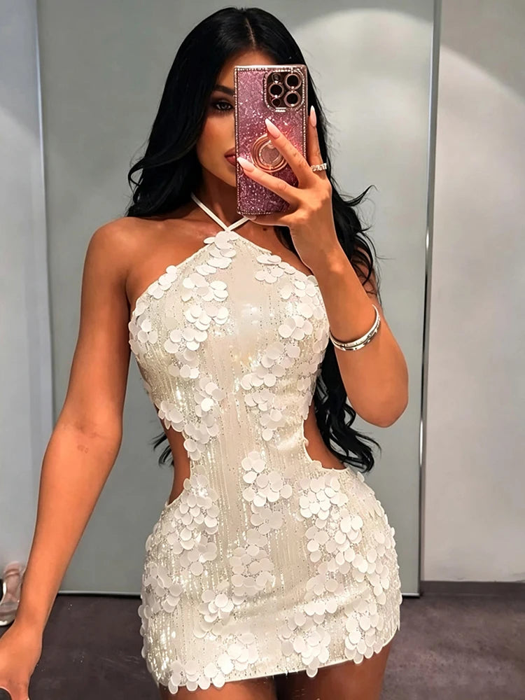 Sequins Patchwork Dress Woman Summer Trend Bandage Halter Off Shoulder Backless Midnight Club Party Sexy Mini Bodycon