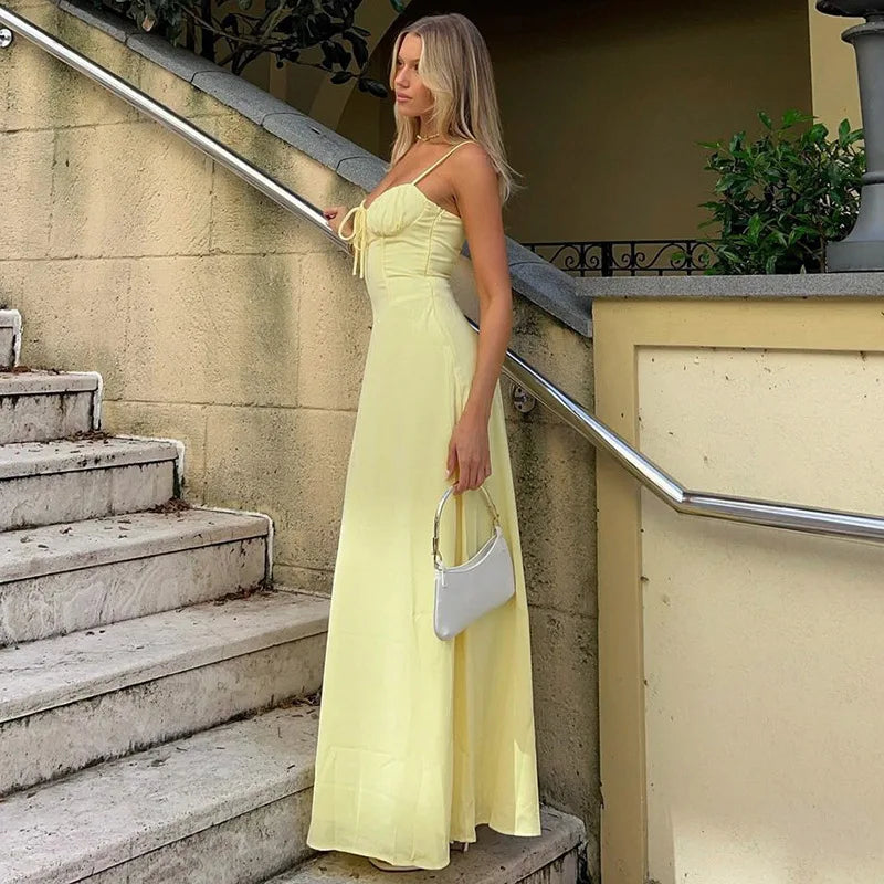 Spaghetti Strap V Neck Backless A Line Maxi Summer Dresess for Woman Elegant Sexy Vacation Long Dress 2024