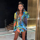 Women Ruffle Mini Dress Sexy Deep V Neck Cutout Mesh See Through Bodycon Short Dress Tie Dye Summer Beach Sundress