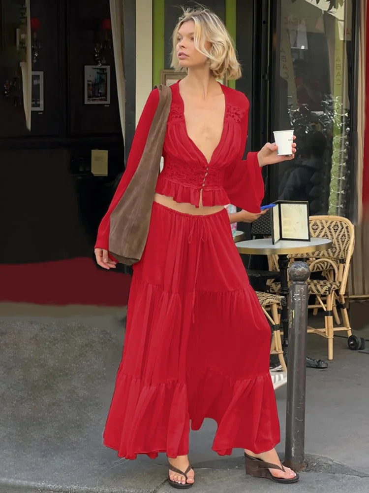 2 Piece Set Lace Chiffon Cardigan Top Long Skirt Spring Traveling Cruise Outfits for Woman Matching Sets