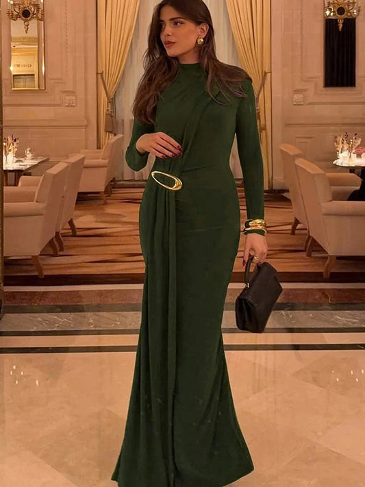 Metal Trim Long Dresses Woman Ruched Elegant o-Neck Full Sleeve Ribbon Decoration Gown Robe Prom Party Classic Vestidos