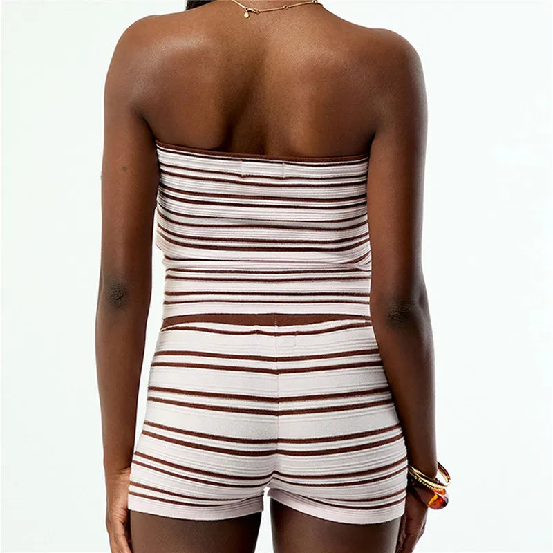 Vintage Stripe 2 Piece Outfit Women Contrast Edge Strapless Tube Top Slim Fit Hot Shorts Casual Summer Y2K Streetwear