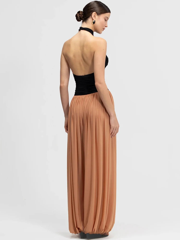Halter Jumpsuits Women Ruched Sleeveless Backless Bodysuit Pleated Wide Leg Palazzo Pants Evening Party Flowy Overalls