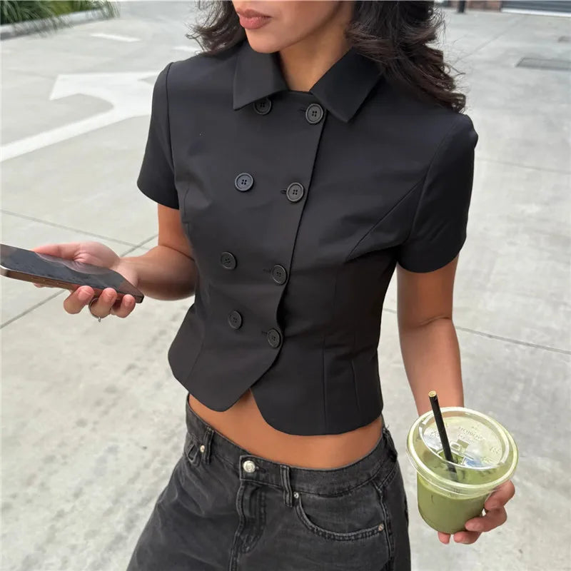 Short Sleeve Lapel Collar Asymmetrical Hem Slim Fit Blouse Women Double Breasted Crop Top Y2K Casual Office Work Shirt