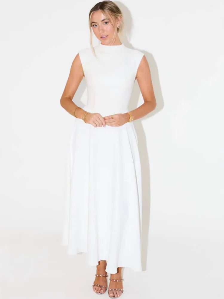 Sleeveless High Waist Sexy Midi Dress For Women Fashion Elegant Solid Pleated Club Party Long Dresses Female New