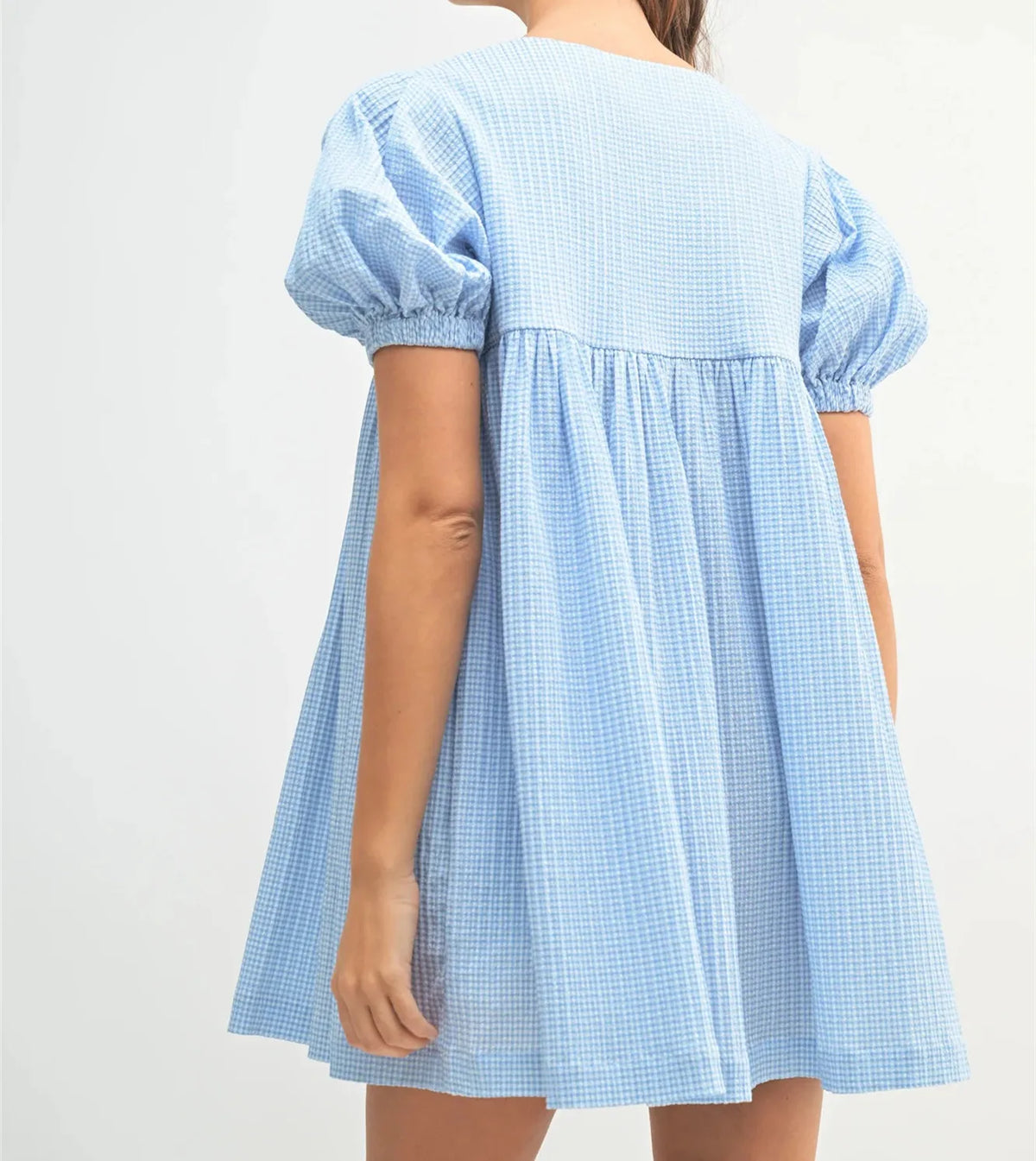 Summer Cute Gingham Babydoll Dress Ladies Round Neck Front Drawstring Bubble Sleeve Loose Flowy Short Dress Vacation