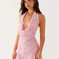 Sequins Print Sexy Mini Dress Women Pink Fashion Halter Deep V Neck Sleeveless Backless Lace-up Sparkle Club Dress