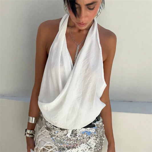 Women's Halter Cowl Neck Backless Sleeveless Top Textured Draped Cami Y2K Sexy Casual Summer Streetwear Vacation Blouse