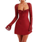 Womens Elegant Lace Patchwork Long Sleeve Mini Dress Y2k Square Neck High Waist Backless Tie Up Slim Fit A-line Dress