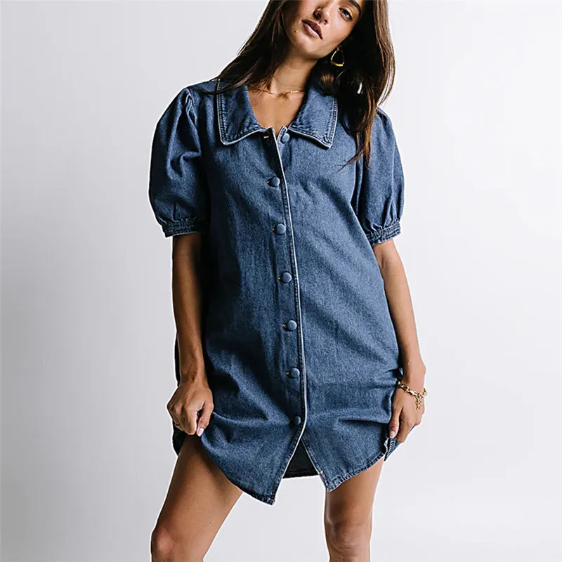 Women's Denim Babydoll Dress Elegant Solid Color Short Sleeve Doll Collar Mini Dress for Party Date Night Wear