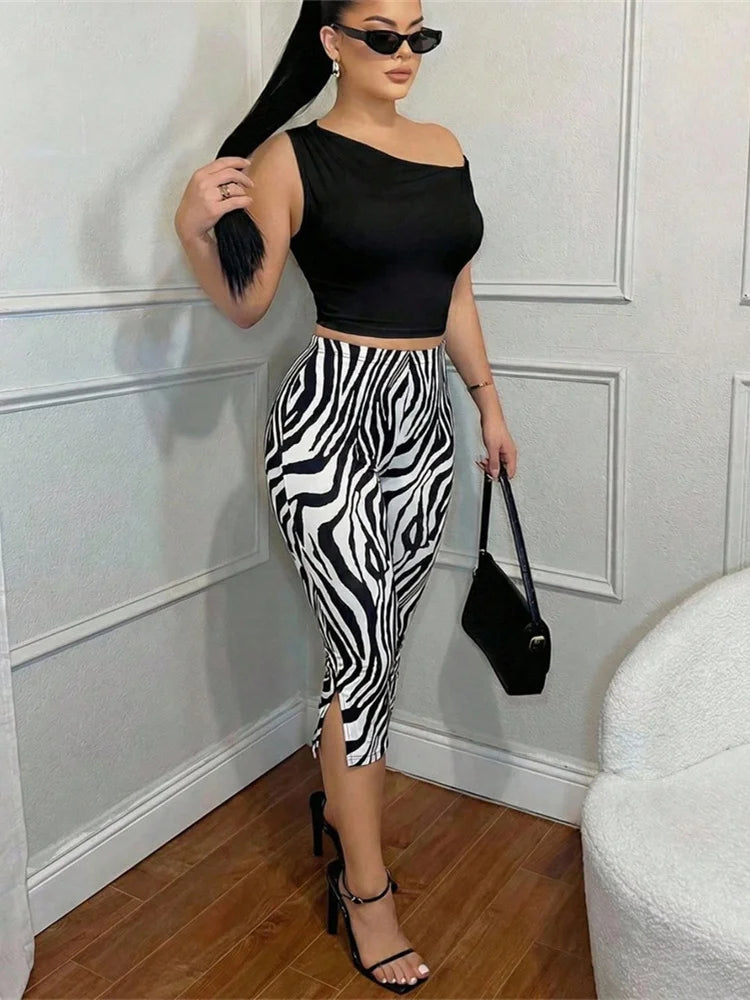 Tiger Stripes Print Elastic Waist Short Women Skinny Side Slit Skinny Simple Classic Fashion Summer Daily Streetwear
