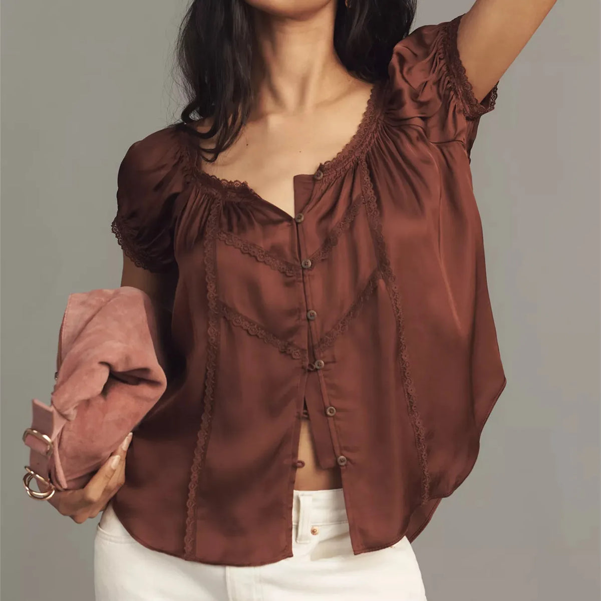 Women Cute Babydoll Lace Trim Satin Shirt Y2k Puff Sleeve Crewneck Button Front Relax Fit Baby Tee Summer Going Out Top