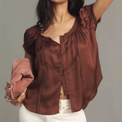 Women Cute Babydoll Lace Trim Satin Shirt Y2k Puff Sleeve Crewneck Button Front Relax Fit Baby Tee Summer Going Out Top