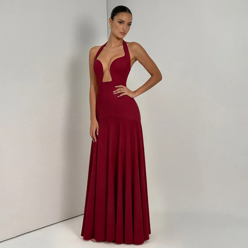 Elegant Deep Plunge Halter Backless Maxi Dresses 2026 Woman Wedding Guest Party Dress Pink