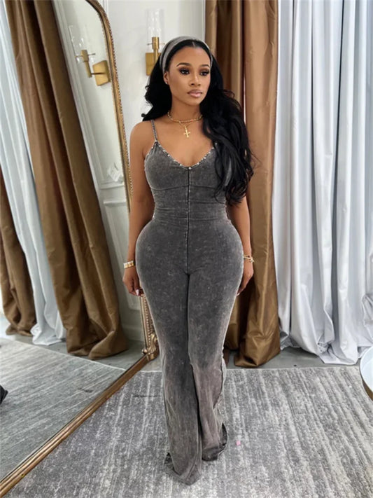 Distressed Style Denim Jumpsuit Women Sexy Low-Neck Backless Skinny Peach Buttocks Hot Girls Street Fashion Overalls