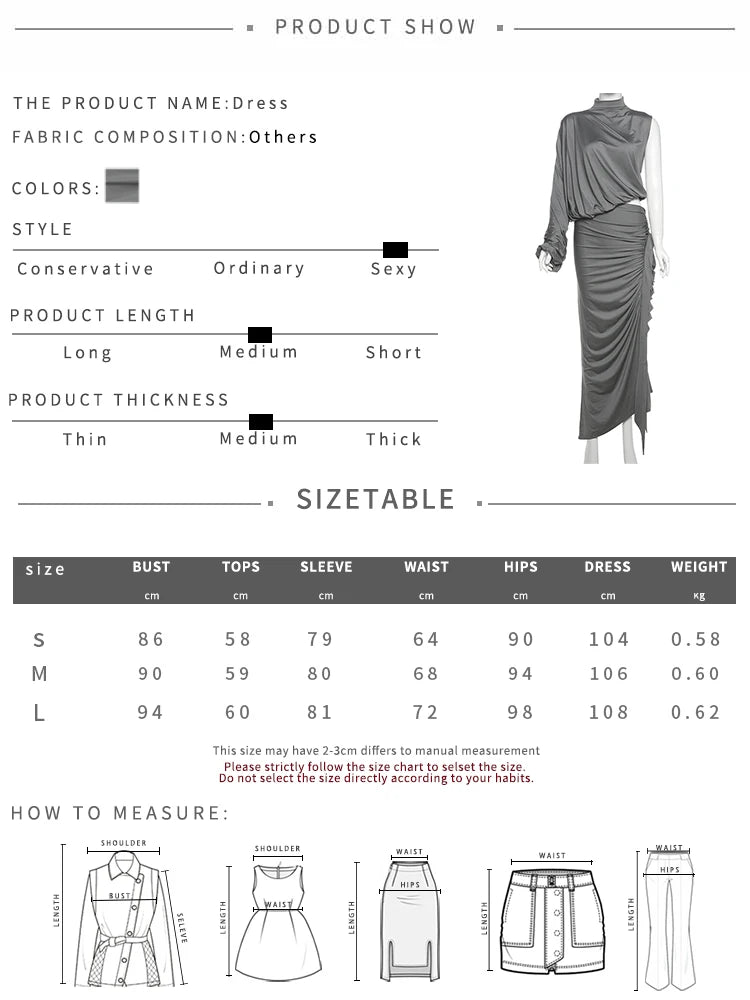 Y2K Solid Style 2 Piece Set Women Turtleneck Single Shoulder Sleeve Tops+Ruched Long Skirts Fashion Elegant Outfits