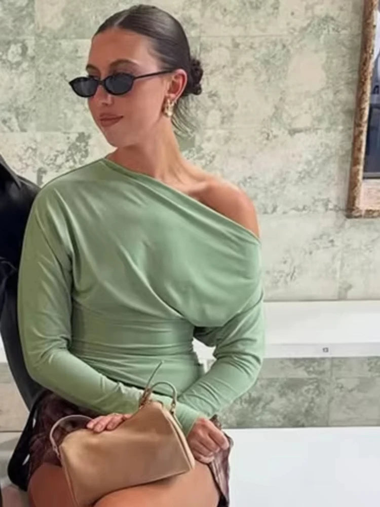 Look Slimmer Casual Simple T-Shirts Woman Autumn Trend Skew Collar Backless Shape Waist High Street Versatile Style Tees